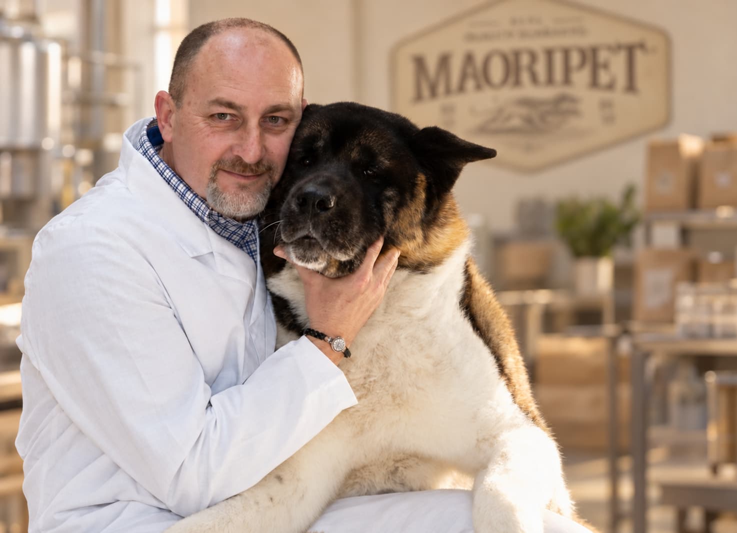 Giangiacomo Longoni con un Akita, in laboratorio con il logo Maoripet sullo sfondo