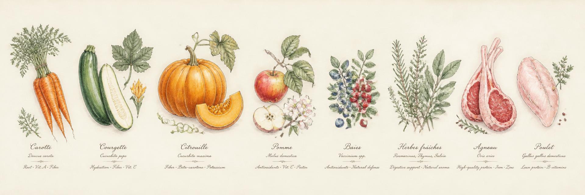 Fascia illustrata segnaposto: ingredienti in fila stile erbario