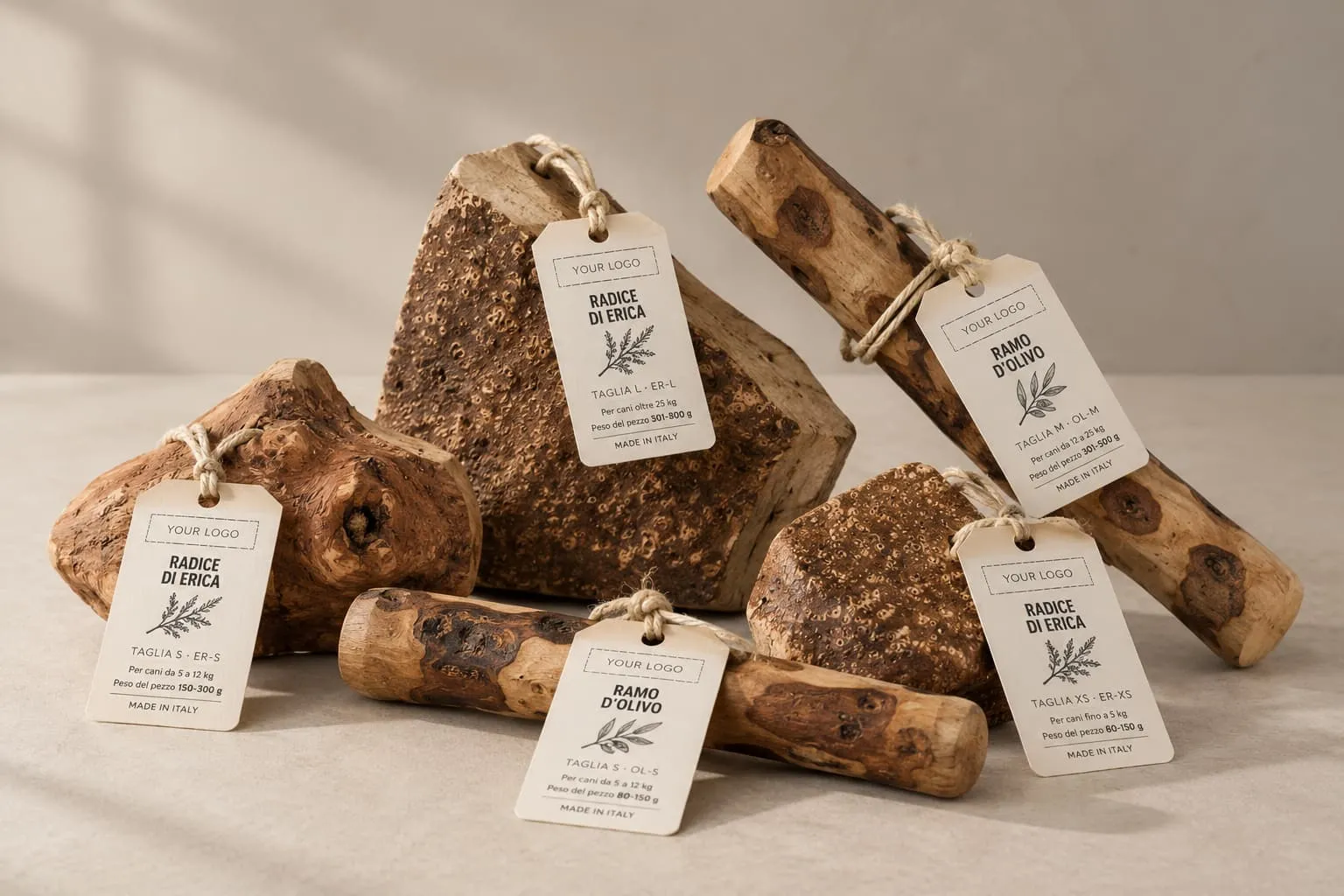 Radici di erica e bastoni di legno d'olivo con cartellino in kraft e cordino