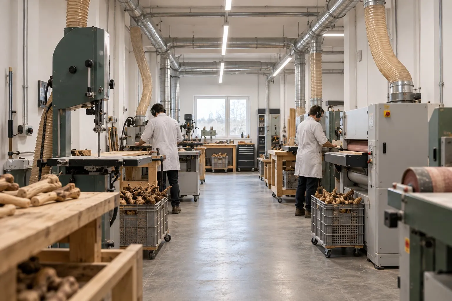 Interno della falegnameria Maoripet con seghe a nastro e casse di radici in lavorazione